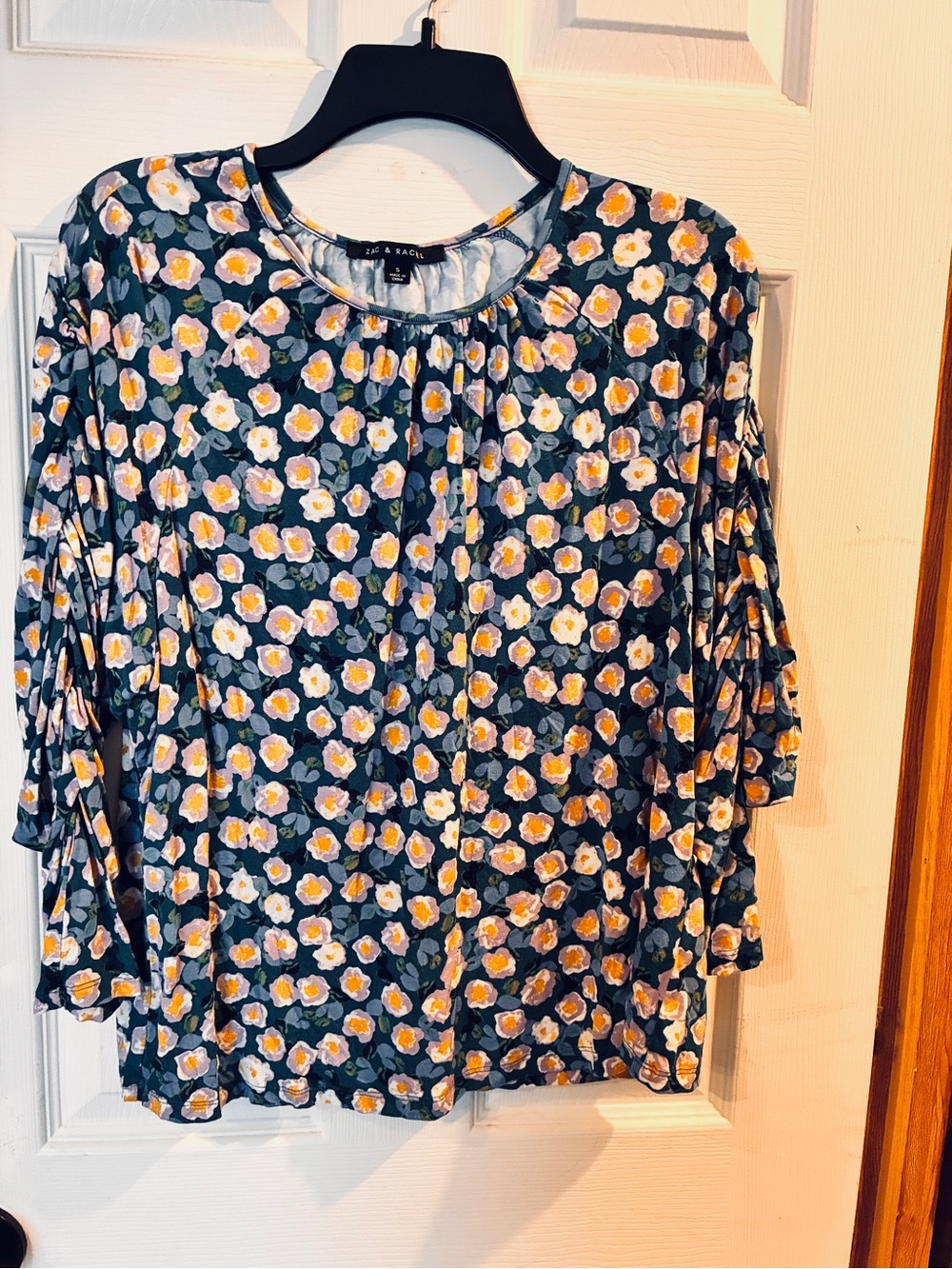 Zac & Rachel Navy Floral Short Ruffle Sleeve Women's Blouse